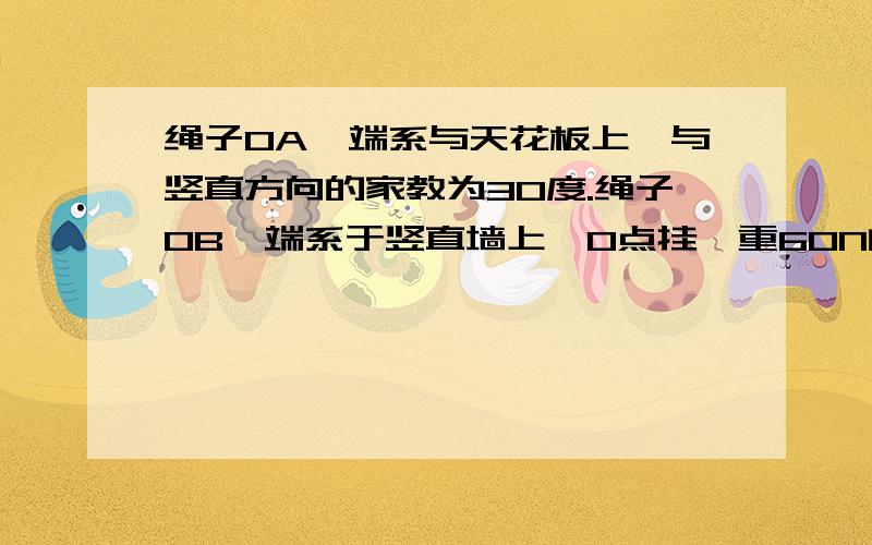 绳子OA一端系与天花板上,与竖直方向的家教为30度.绳子OB一端系于竖直墙上,O点挂一重60N的物体,当OB呈水平时,OA,OB两绳各受多大压力?这是图,画的不高,但至少能看懂.大家说的都很好可是能再