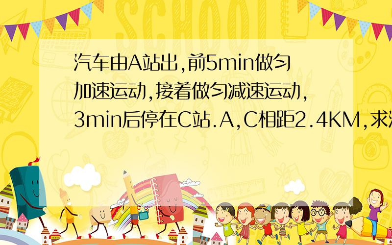 汽车由A站出,前5min做匀加速运动,接着做匀减速运动,3min后停在C站.A,C相距2.4KM,求汽车在这段路程最大速度