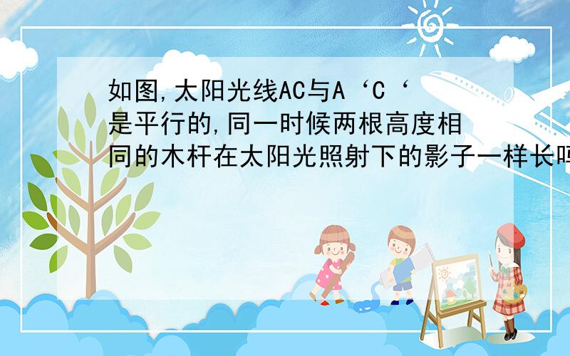 如图,太阳光线AC与A‘C‘是平行的,同一时候两根高度相同的木杆在太阳光照射下的影子一样长吗?说说你的理由