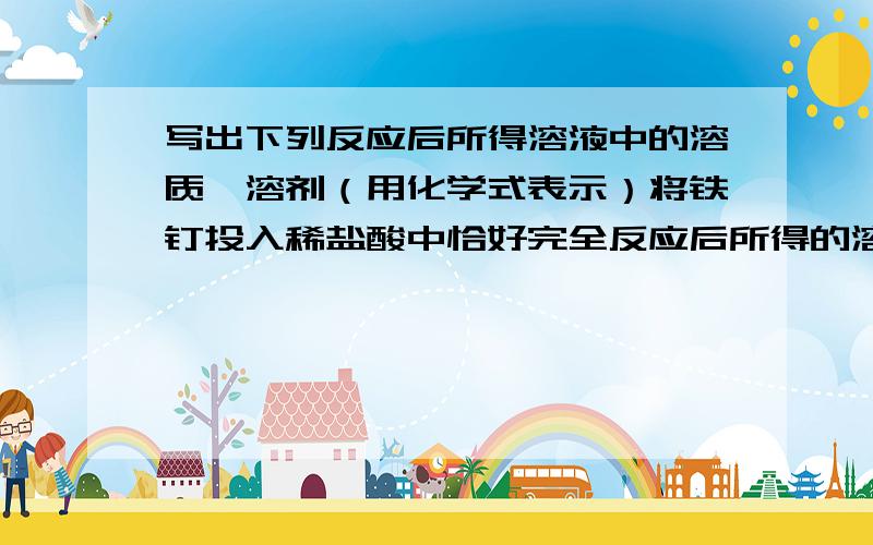 写出下列反应后所得溶液中的溶质、溶剂（用化学式表示）将铁钉投入稀盐酸中恰好完全反应后所得的溶液______、______;将铁钉投入过量硫酸铜溶液中,完全反应后所得的溶液________、________;生