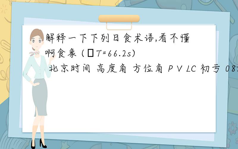 解释一下下列日食术语,看不懂啊食象 (ΔT=66.2s) 北京时间 高度角 方位角 P V LC 初亏 08:22:09.0 +39.5° 087.2° 289° 12.1 食既 09:37:53.9 +56.0° 097.4° 192° 03.4 食甚 09:38:17.6 +56.0° 097.4° 019° 09.1 生光 09:38: