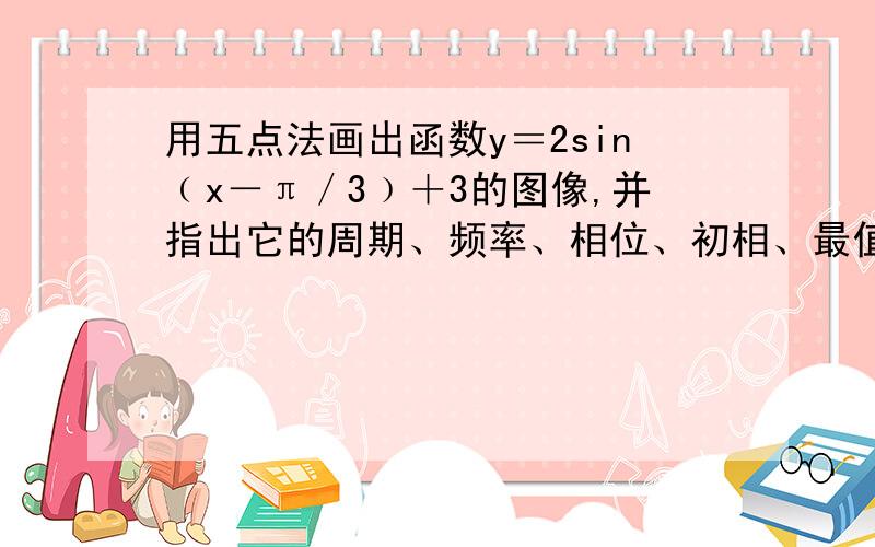 用五点法画出函数y＝2sin﹙x－π／3﹚＋3的图像,并指出它的周期、频率、相位、初相、最值及单调区间.