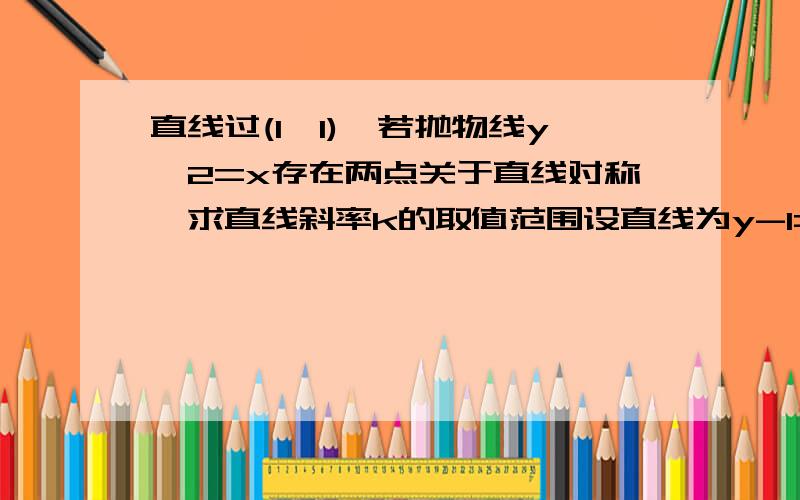 直线过(1,1),若抛物线y^2=x存在两点关于直线对称,求直线斜率k的取值范围设直线为y-1=k(x-1)联立方程y-1=k(x-1)y^2=x然后呢?