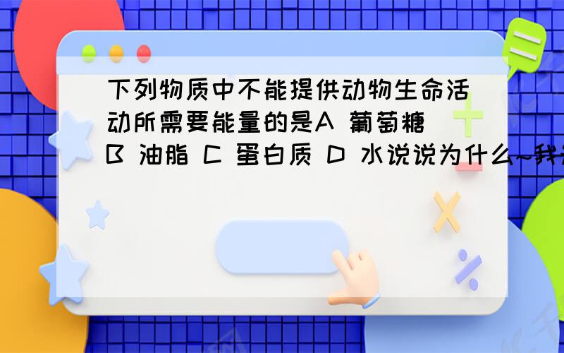 下列物质中不能提供动物生命活动所需要能量的是A 葡萄糖 B 油脂 C 蛋白质 D 水说说为什么~我知道是D 但是一直不理解~