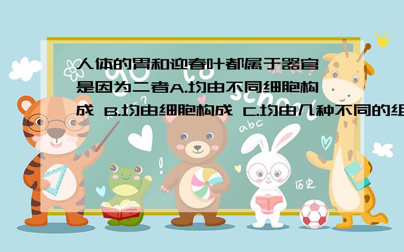 人体的胃和迎春叶都属于器官,是因为二者A.均由不同细胞构成 B.均由细胞构成 C.均由几种不同的组织构成 D.功能相同