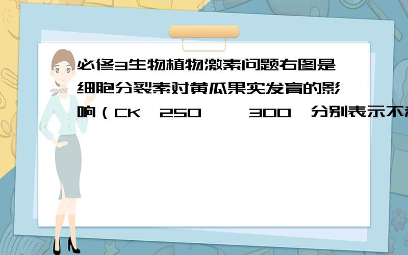 必修3生物植物激素问题右图是细胞分裂素对黄瓜果实发育的影响（CK、250×、 300×分别表示不稀释、稀释250和300倍）,能得出的结 论是A．细胞分裂素的作用和生长素的作用一样具有二重性B．