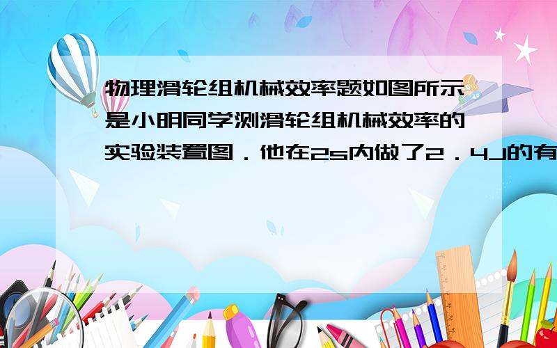 物理滑轮组机械效率题如图所示是小明同学测滑轮组机械效率的实验装置图．他在2s内做了2．4J的有用功使重物匀速上升了0．4m,不计绳重及摩擦．请你回答：1、 小明所用的拉力为_________2、