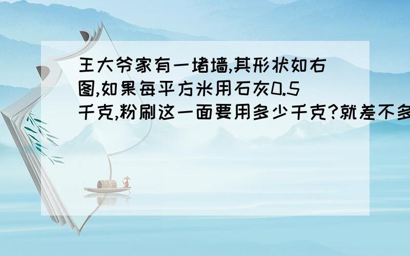 王大爷家有一堵墙,其形状如右图,如果每平方米用石灰0.5千克,粉刷这一面要用多少千克?就差不多是一个房子的形状,分为一个三角形和一个长方形,三角形的高是2m,三角形和长方形的底是8m,长