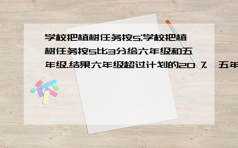 学校把植树任务按5:学校把植树任务按5比3分给六年级和五年级.结果六年级超过计划的20 %,五年级减少计划的10％结果六年级比五年级多植树了99棵,原计划五、六年级各植树多少棵