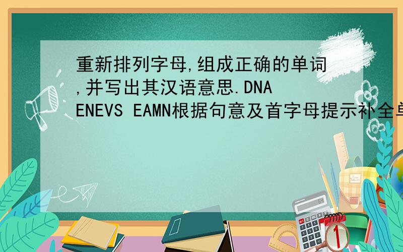 重新排列字母,组成正确的单词,并写出其汉语意思.DNA ENEVS EAMN根据句意及首字母提示补全单词S_____ is LindaMy name is Wang Lili ,Lili is my f____ name