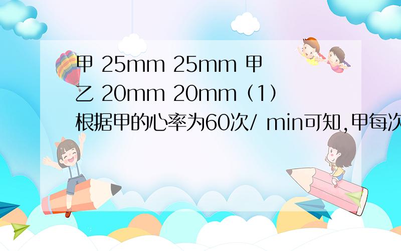 甲 25mm 25mm 甲 乙 20mm 20mm（1）根据甲的心率为60次/ min可知,甲每次心跳时间间隔（即甲心电图纸带相邻波峰走纸所用时间）为 s；（2）这台心电图仪输出坐标纸的走纸速度大小为多少毫米每秒