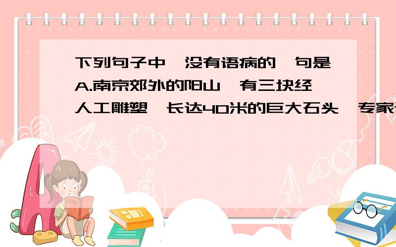 下列句子中,没有语病的一句是A.南京郊外的阳山,有三块经人工雕塑、长达40米的巨大石头,专家认为这是朱棣为给朱元璋修建神功圣德碑选的碑材.B.该集团的资金大都是外界筹措,利息之高令