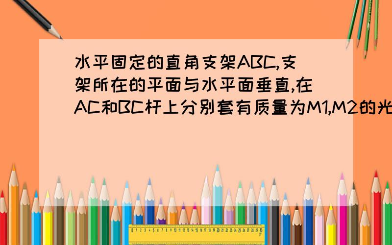 水平固定的直角支架ABC,支架所在的平面与水平面垂直,在AC和BC杆上分别套有质量为M1,M2的光滑圆环且M1,M2用轻质细绳相连,已知AC与水平面的夹角为seitan,求M1,M2平衡后细线上的拉力.手绘的，就