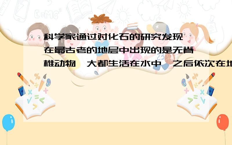 科学家通过对化石的研究发现,在最古老的地层中出现的是无脊椎动物,大都生活在水中,之后依次在地层中出现的是鱼类、两栖类、爬行类、鸟类和哺乳类的化石,最后才出现人类的化石,请据