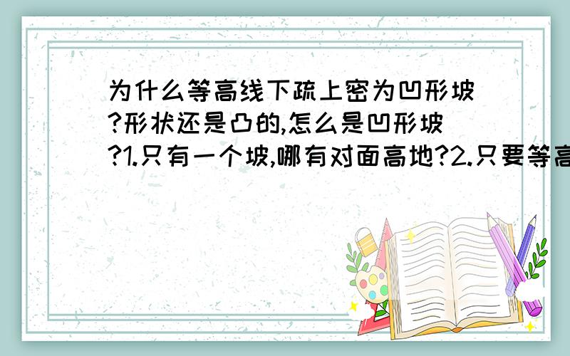 为什么等高线下疏上密为凹形坡?形状还是凸的,怎么是凹形坡?1.只有一个坡,哪有对面高地?2.只要等高线由高到低,那坡度一直下滑,怎么会隆起成坡?就算坡再斗,还是下滑,地形剖面图依然是一