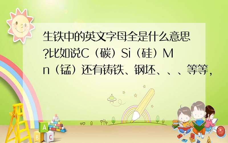 生铁中的英文字母全是什么意思?比如说C（碳）Si（硅）Mn（锰）还有铸铁、钢坯、、、等等,