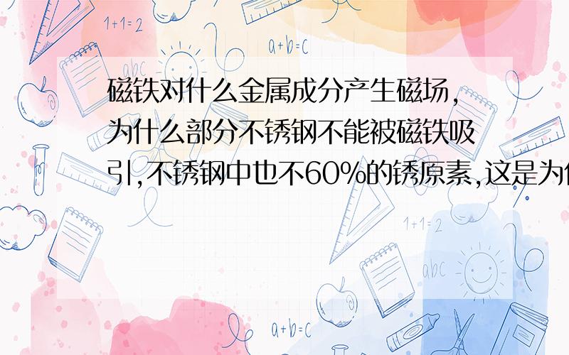 磁铁对什么金属成分产生磁场,为什么部分不锈钢不能被磁铁吸引,不锈钢中也不60%的锈原素,这是为什么?不锈钢中也有60%的锈原素,这是为什么?     一楼说的不太明白,如果是因为在炼制的时候