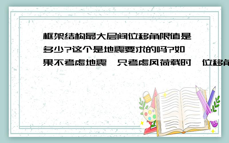 框架结构最大层间位移角限值是多少?这个是地震要求的吗?如果不考虑地震,只考虑风荷载时,位移角限制多少