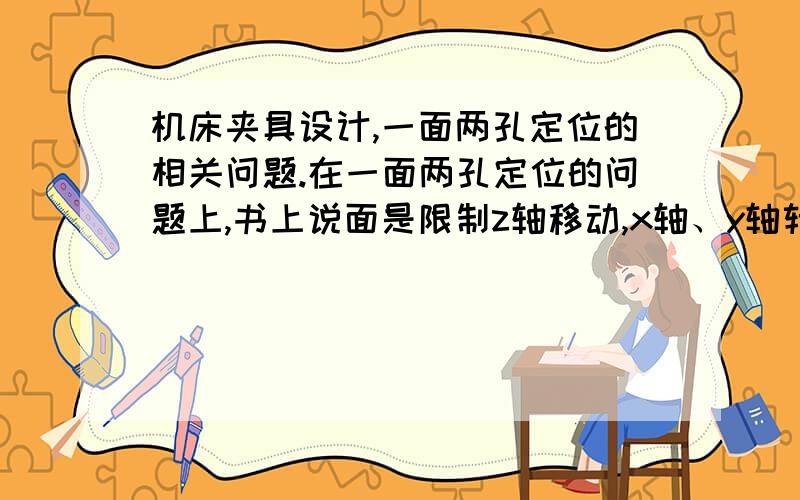 机床夹具设计,一面两孔定位的相关问题.在一面两孔定位的问题上,书上说面是限制z轴移动,x轴、y轴转向的自由度!短圆销限制x轴、y轴的移动的自由度,另一短圆销和前一短圆销联合限制z轴的