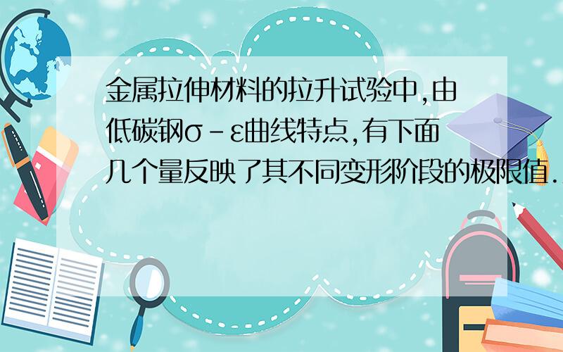 金属拉伸材料的拉升试验中,由低碳钢σ－ε曲线特点,有下面几个量反映了其不同变形阶段的极限值.则σp, σe,σs,σb物理意义