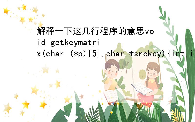 解释一下这几行程序的意思void getkeymatrix(char (*p)[5],char *srckey){int i = 0,j = 0;char *q = srckey;char temp[26];memset(temp,0,26);strupr(srckey);while(*q = '\0'){if( isalpha(*q) = 0 && *q = 'Q'){if(strchr(temp,*q) == NULL){temp[i++] =