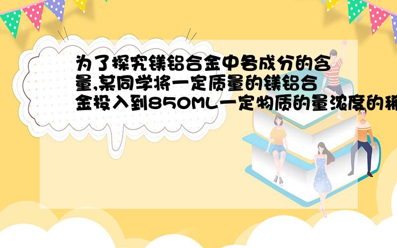 为了探究镁铝合金中各成分的含量,某同学将一定质量的镁铝合金投入到850ML一定物质的量浓度的稀硫酸中,合金全部溶解,然后又滴加5mol/L的NaOH溶液,在滴加NaOH溶液的过程中,沉淀质量（M)随加