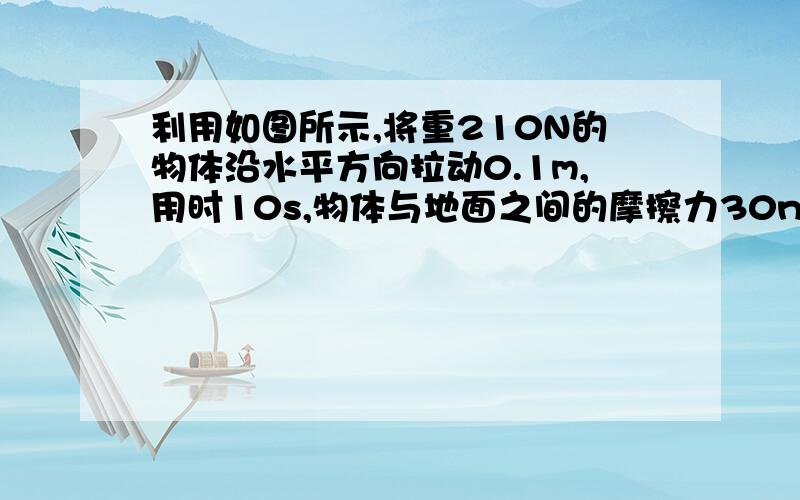 利用如图所示,将重210N的物体沿水平方向拉动0.1m,用时10s,物体与地面之间的摩擦力30n,忽略轮重,轮与绳的摩擦,1.求拉力大小2,绳端移动速度3.拉力F的功率