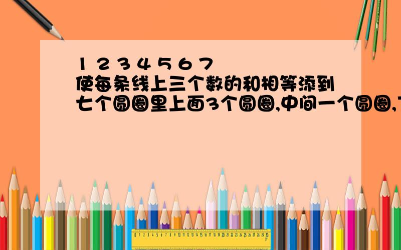 1 2 3 4 5 6 7 使每条线上三个数的和相等添到七个圆圈里上面3个圆圈,中间一个圆圈,下面3个圆圈.