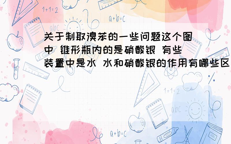 关于制取溴苯的一些问题这个图中 锥形瓶内的是硝酸银 有些装置中是水 水和硝酸银的作用有哪些区别 还有些装置中是四氯化碳 这是什么作用