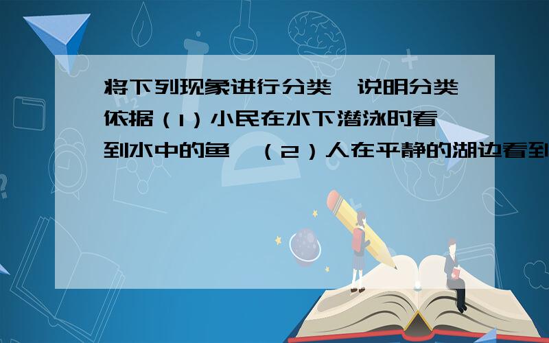 将下列现象进行分类,说明分类依据（1）小民在水下潜泳时看到水中的鱼,（2）人在平静的湖边看到自己在水中的像；（3）阳光下人有影子（4）用激光给隧道准直（5）河水中有群山的倒影（