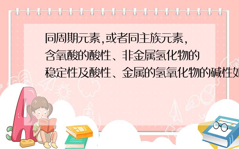 同周期元素,或者同主族元素,含氧酸的酸性、非金属氢化物的稳定性及酸性、金属的氢氧化物的碱性如何判断我想知道判断的依据，比如从原子结构