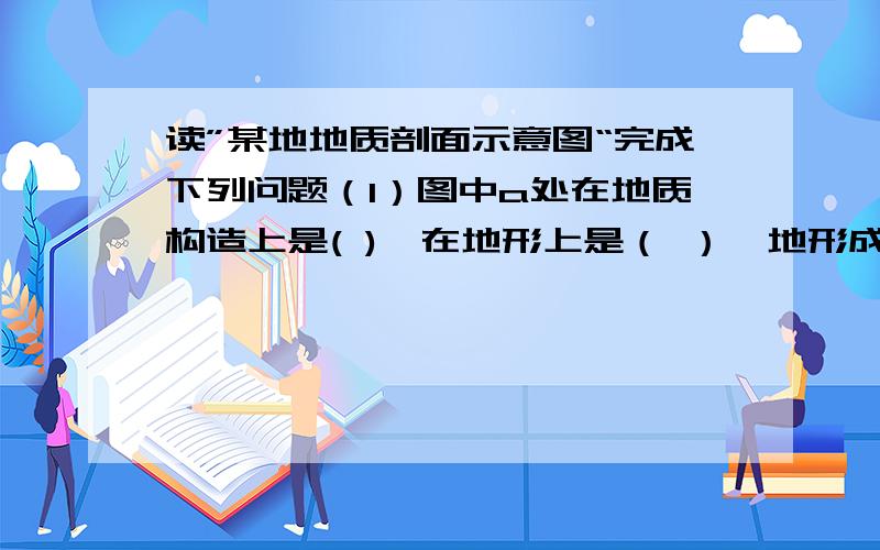 读”某地地质剖面示意图“完成下列问题（1）图中a处在地质构造上是( ),在地形上是（ ）,地形成因是（ ）（2）图中b处在地质构造上是( ),判断依据是（ ）,在地形上是（ ）,地形成因是（