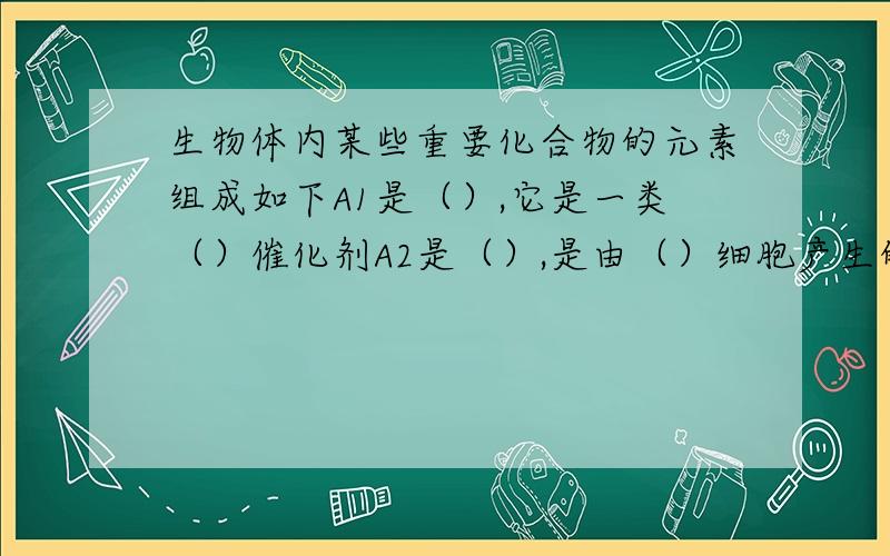 生物体内某些重要化合物的元素组成如下A1是（）,它是一类（）催化剂A2是（）,是由（）细胞产生的A3是（）,含有的特殊元素师（）,存在于（）中A4是（）,存在于（）上A5是（）,它（）（填