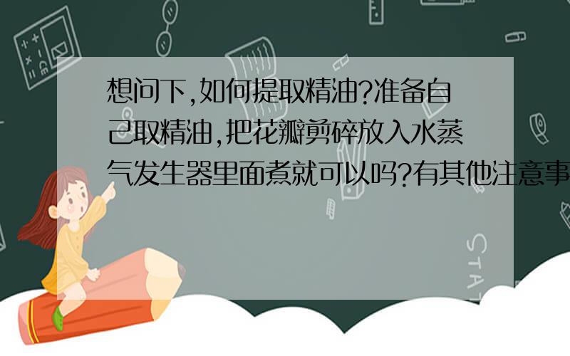 想问下,如何提取精油?准备自己取精油,把花瓣剪碎放入水蒸气发生器里面煮就可以吗?有其他注意事项吗?从没做过……