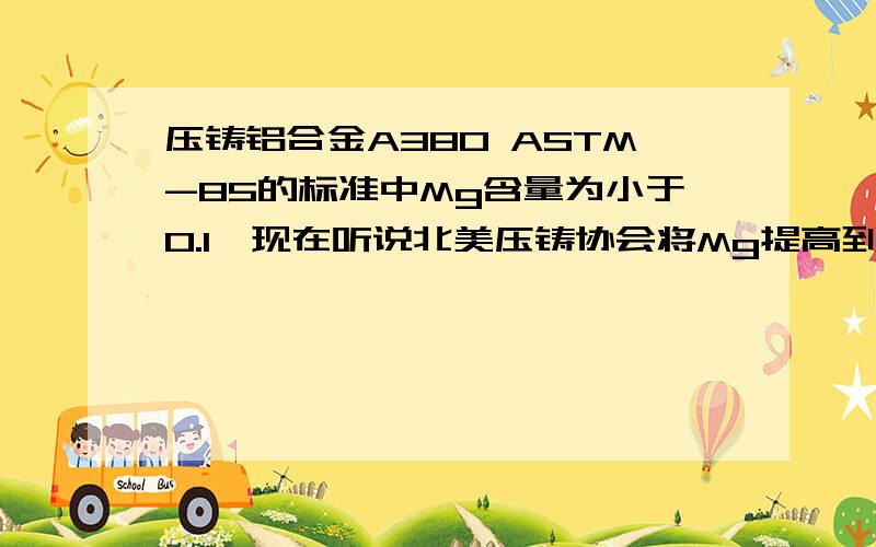 压铸铝合金A380 ASTM-85的标准中Mg含量为小于0.1,现在听说北美压铸协会将Mg提高到0.3以下,