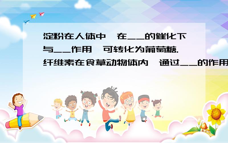 淀粉在人体中,在__的催化下与__作用,可转化为葡萄糖.纤维素在食草动物体内,通过__的作用分解、消化,转化为葡萄糖.