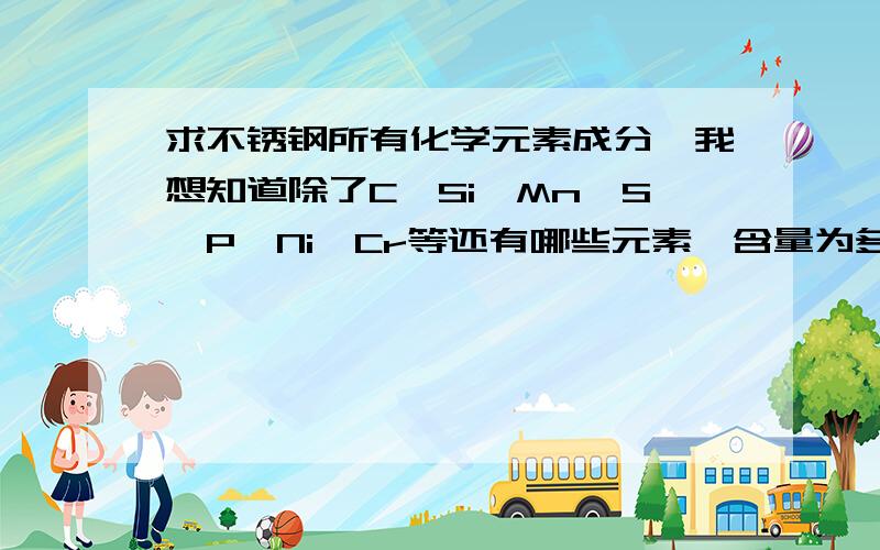 求不锈钢所有化学元素成分,我想知道除了C、Si、Mn、S、P、Ni、Cr等还有哪些元素,含量为多少?由于这几种元素含量加起来往往不超过50%,请举例回答,如304,316等