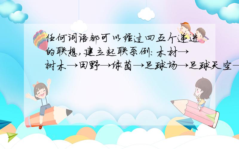 任何词语都可以经过四五个递进的联想,建立起联系例:木材→树木→田野→绿茵→足球场→足球天空→＿＿＿＿＿＿＿＿＿＿＿＿＿→四大发明月亮→＿＿＿＿＿＿＿＿＿＿＿＿＿→战争