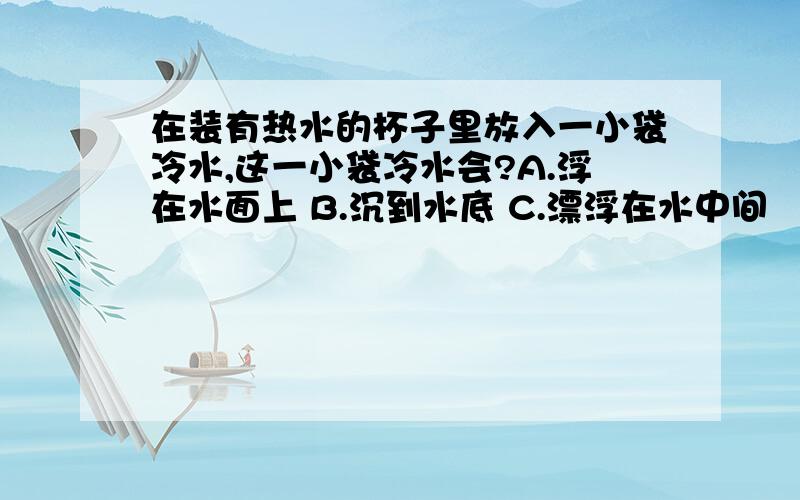 在装有热水的杯子里放入一小袋冷水,这一小袋冷水会?A.浮在水面上 B.沉到水底 C.漂浮在水中间