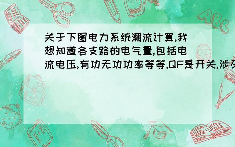 关于下图电力系统潮流计算,我想知道各支路的电气量,包括电流电压,有功无功功率等等.QF是开关,涉及到开关的开断,各支路的电气量会有所变化,所以我想知道有没有什么简单的方法得到这些