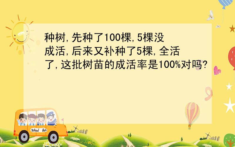 种树,先种了100棵,5棵没成活,后来又补种了5棵,全活了,这批树苗的成活率是100%对吗?