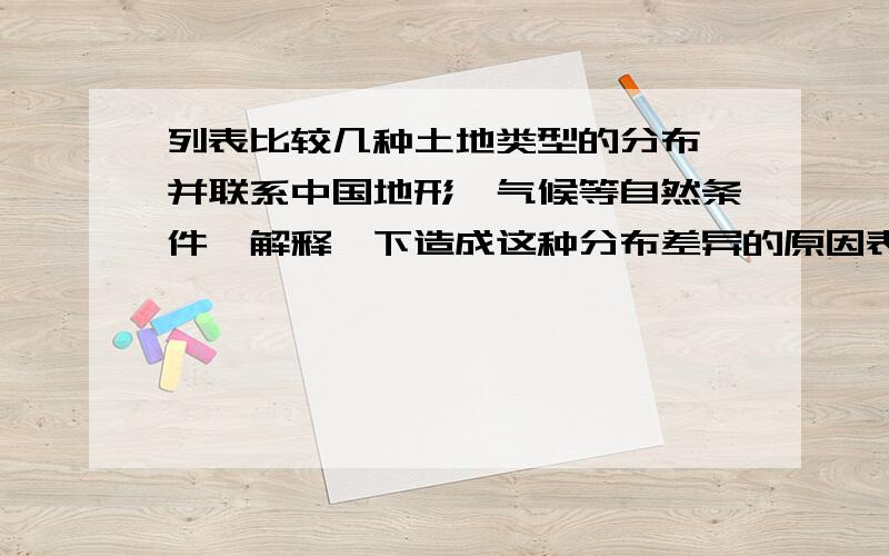 列表比较几种土地类型的分布,并联系中国地形,气候等自然条件,解释一下造成这种分布差异的原因表：土地资源类型名称 主要分布地区 季风区或非季风区 干湿地区 主要地形类型耕地林地草