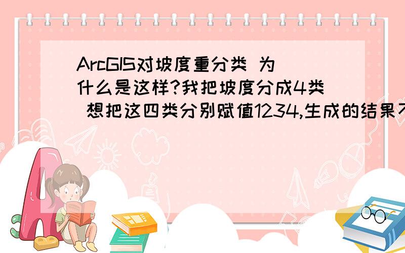 ArcGIS对坡度重分类 为什么是这样?我把坡度分成4类 想把这四类分别赋值1234,生成的结果不是1 2 3 4四类而是第三个图那样,