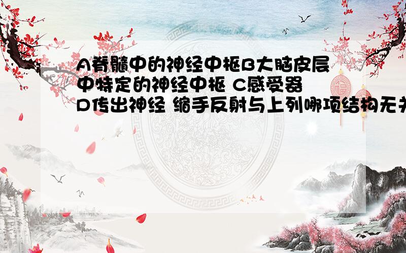 A脊髓中的神经中枢B大脑皮层中特定的神经中枢 C感受器 D传出神经 缩手反射与上列哪项结构无关?