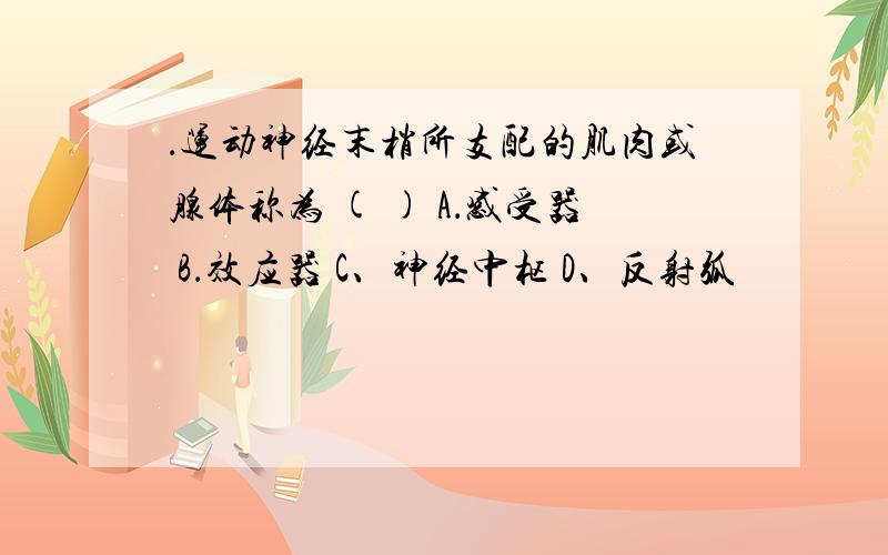 ．运动神经末梢所支配的肌肉或腺体称为 ( ) A．感受器 B．效应器 C、神经中枢 D、反射弧