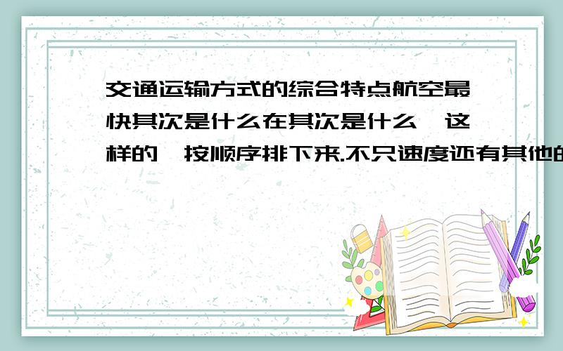 交通运输方式的综合特点航空最快其次是什么在其次是什么,这样的,按顺序排下来.不只速度还有其他的阿,什么运货量什么的,务必准确,