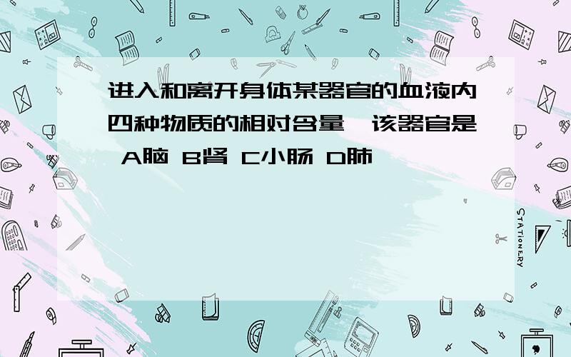 进入和离开身体某器官的血液内四种物质的相对含量,该器官是 A脑 B肾 C小肠 D肺