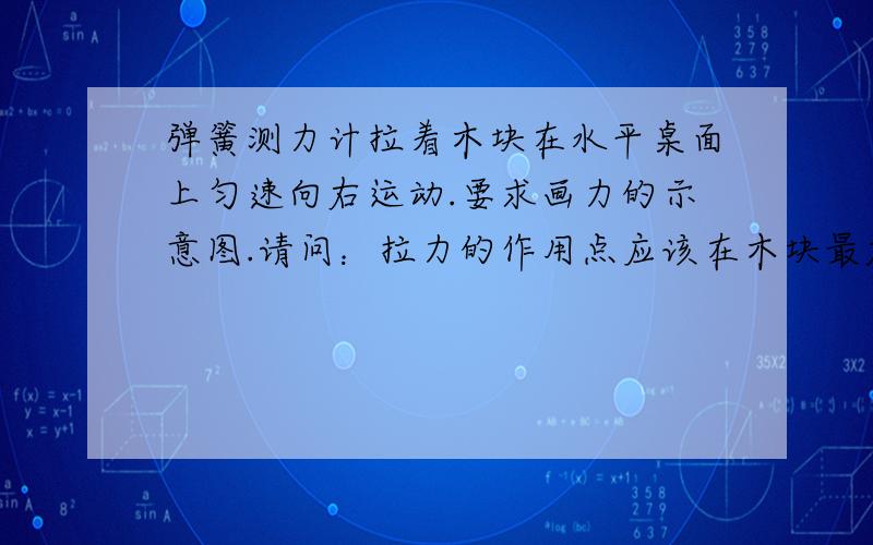 弹簧测力计拉着木块在水平桌面上匀速向右运动.要求画力的示意图.请问：拉力的作用点应该在木块最右边,还是在物体的重心?为什么?