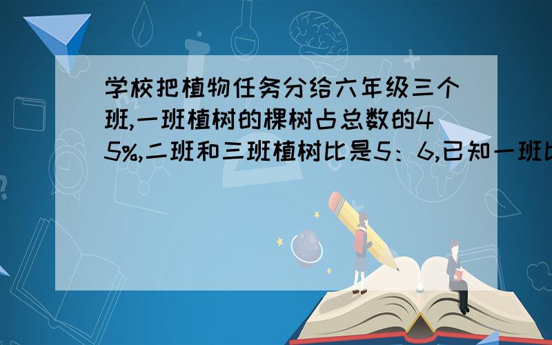 学校把植物任务分给六年级三个班,一班植树的棵树占总数的45%,二班和三班植树比是5：6,已知一班比二班多植树40棵,三个班各植树多少颗?