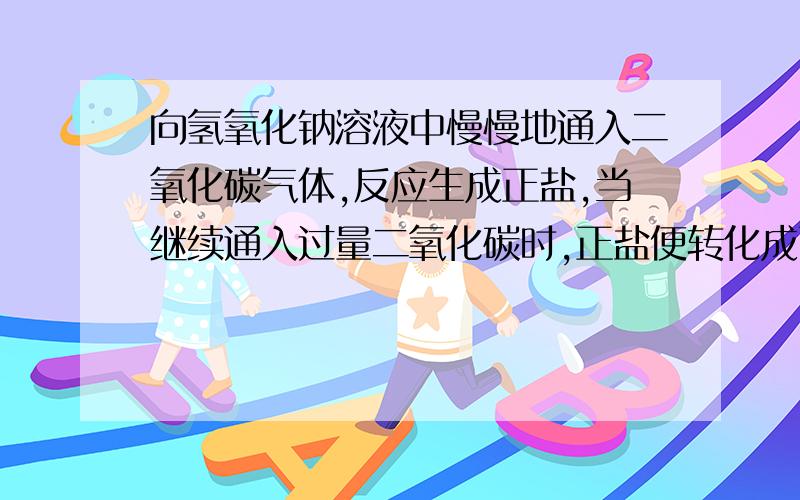 向氢氧化钠溶液中慢慢地通入二氧化碳气体,反应生成正盐,当继续通入过量二氧化碳时,正盐便转化成酸...向氢氧化钠溶液中慢慢地通入二氧化碳气体,反应生成正盐,当继续通入过量二氧化碳